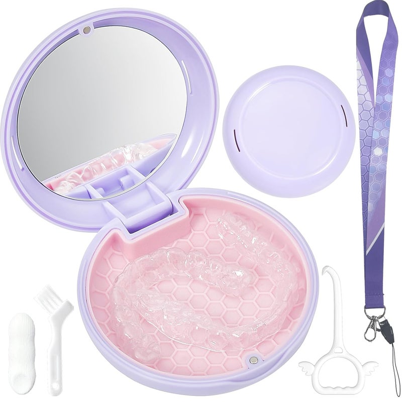 Gaboolo Store Retainer Case with Mirror and Lanyard,Slim Aligner Case with Vent Holes,Cute Dental Brace Box with Retainer Removal Tool and Brush (Purple Pink with Lanyard) - Image 1